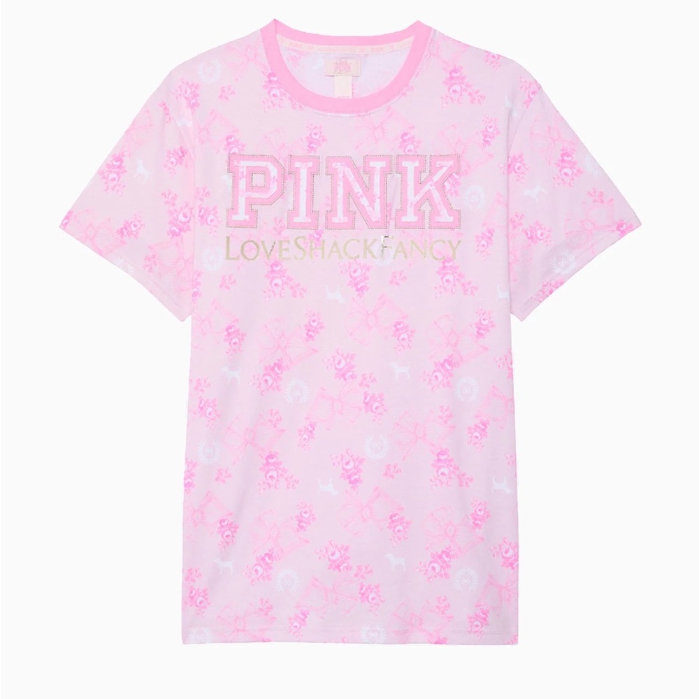 PINK X LoveShackFancy Campus Cotton Tee in Beaux Icons Size L
